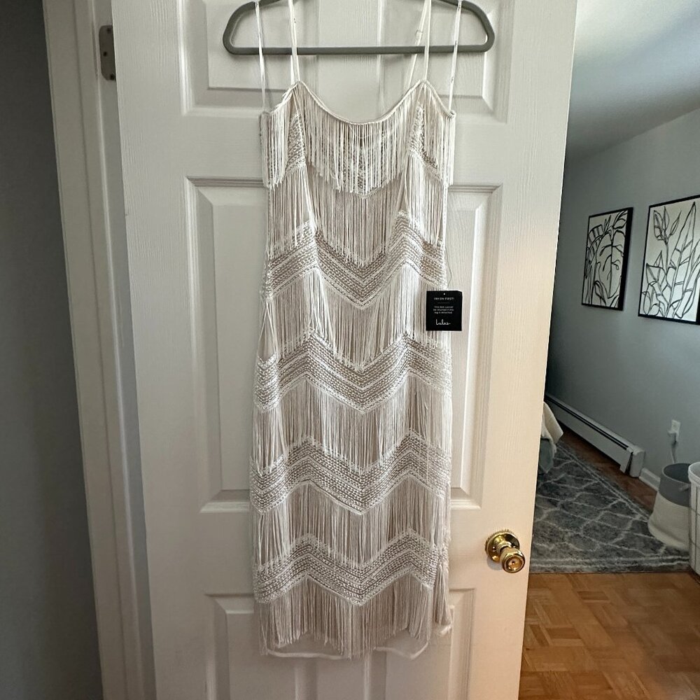NWT Lulu's Shimmy All Night White Sequin Fringe Sleeveless Midi Dress
